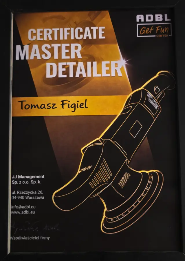 Certyfikat Master Detailer wystawiony dla Tomasza Figla